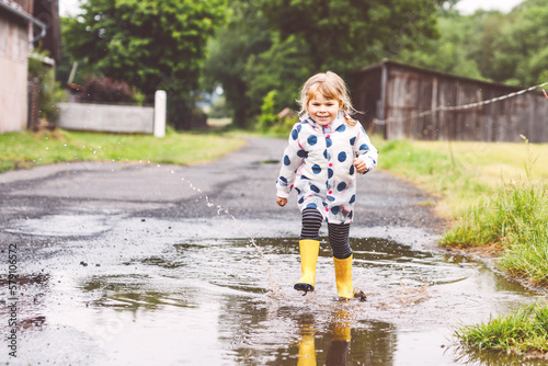 Little toddler girl wearing yellow rain boots, running and walking during sleet on rainy cloudy day. Cute happy child in colorful clothes jumping into puddle, splashing with water, outdoor activity