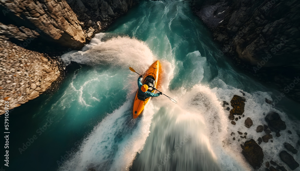 Aerial top view Extreme sport kayak sails mountain river with sun light. Rafting, whitewater kayaking. Generation AI - obrazy, fototapety, plakaty 