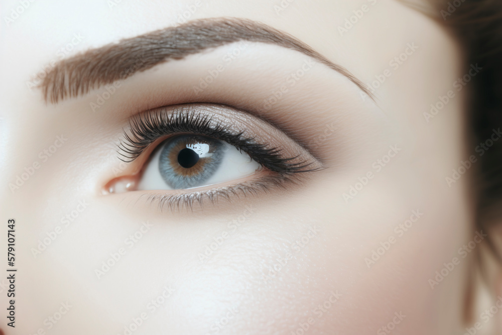 Obraz premium Pretty woman with bright make-up of eyes, closeup face of young beautiful woman, close-up eyes, beautiful fashion luxury make-up, generative ai