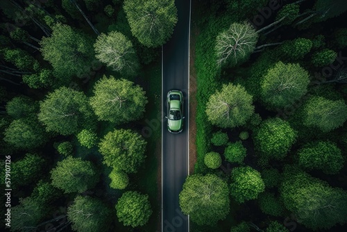 Green car on forest highway. Generative AI