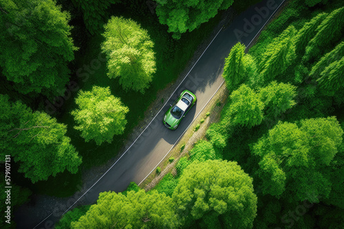 Green car on forest highway. Generative AI