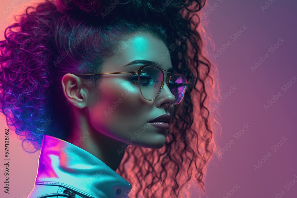 Black girl, neon light, retro colors, 80s (IA generated)