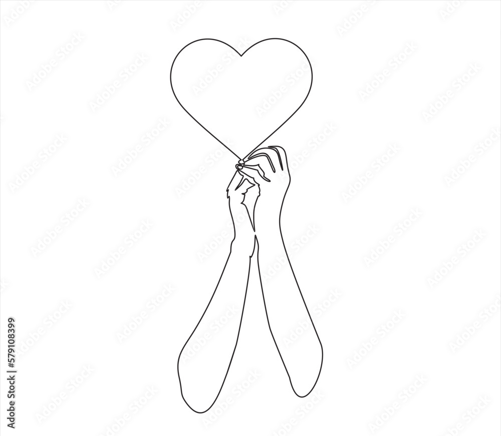 Single continuous line of hand holding heart on a white background. Black thin line of the hands with hearts Single continuous line of hand holding heart on a white background. Black thin line of the hands with hearts