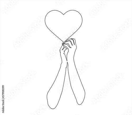 Single continuous line of hand holding heart on a white background. Black thin line of the hands with hearts