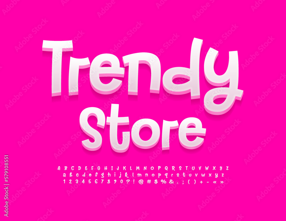 Vector creative Signboard Trendy Store. White handwritten Font. Funny 3D Alphabet Letters and Numbers set. 