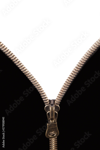 Steel zipper open background. transparent background.