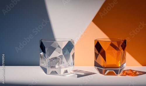  a couple of glasses sitting on top of a table next to each other on top of a white tablecloth covered tablecloth with a shadow of a wall behind them.  generative ai