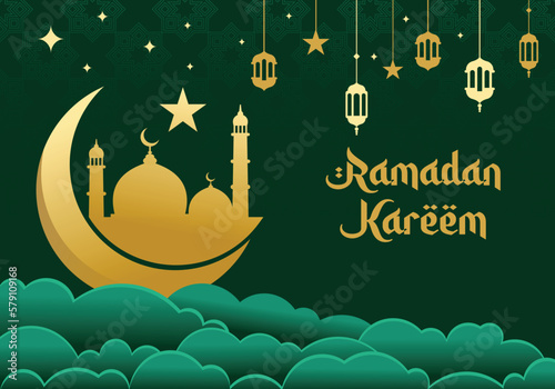 Islamic crescent moon ramadan kareem banner green background design