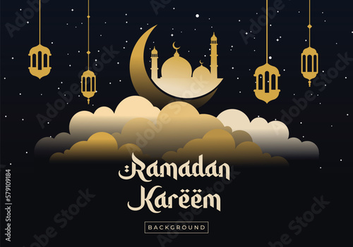 Islamic crescent moon ramadan kareem banner golden background design