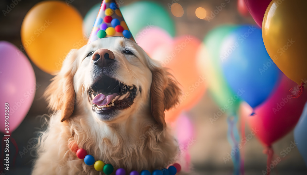 Happy dog celebrating birthday with party hat, banner balloons background. Generation AI