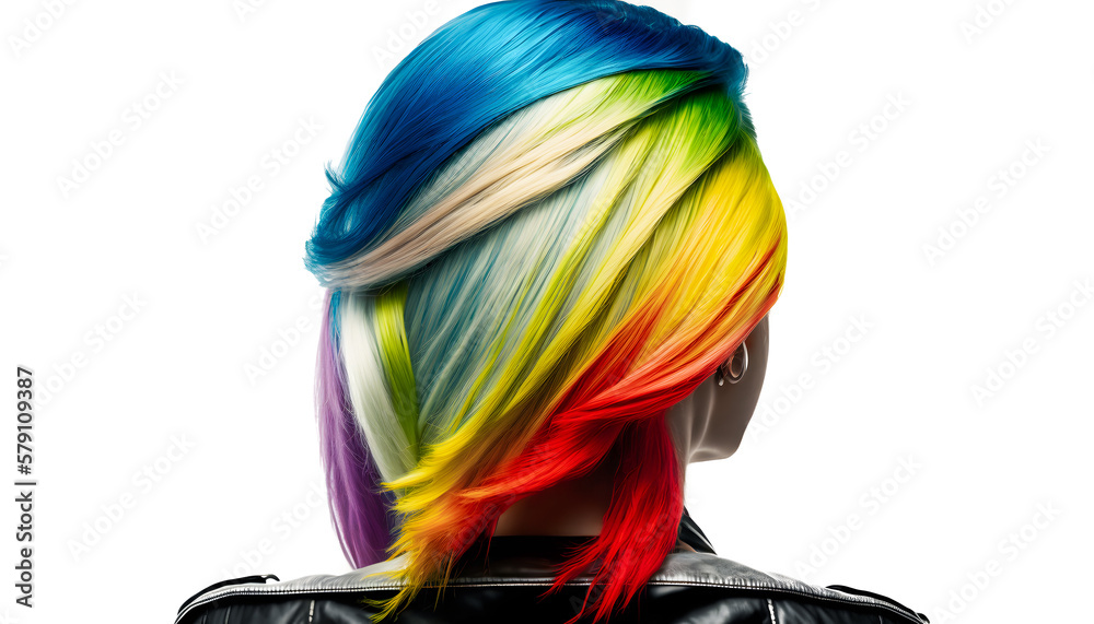Back view beautiful woman with creative hairstyle multi colored hair on white isolated background. Salon style fashion model. Generation AI