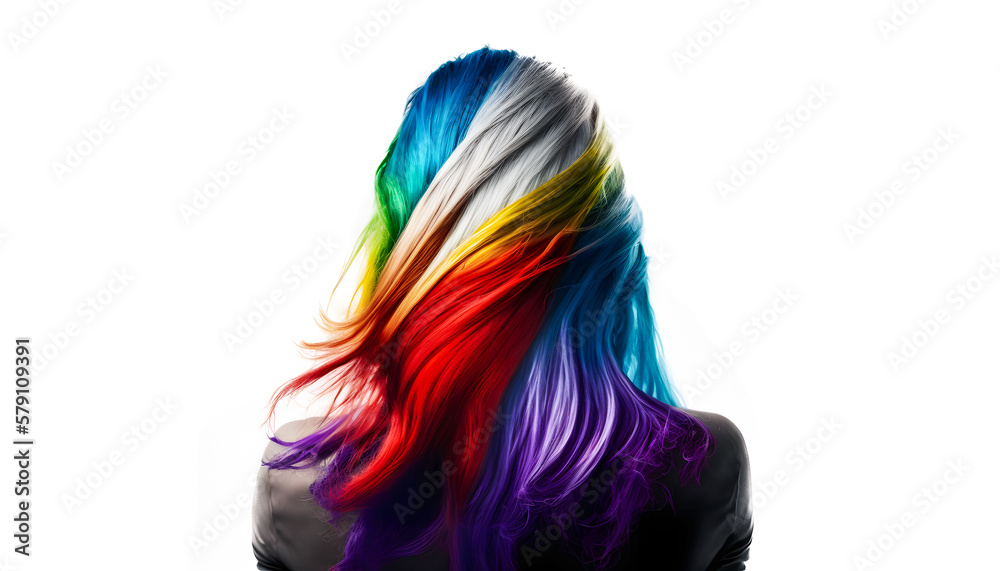 Naklejka premium Back view beautiful woman with creative hairstyle multi colored hair on white isolated background. Salon style fashion model. Generation AI