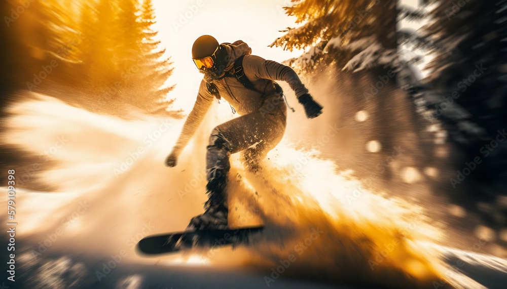 Banner Extreme snowboarding. Freeride snowboard in fresh powder snow with  sunlight. Winter action photo. Generation AI Stock Illustration | Adobe  Stock