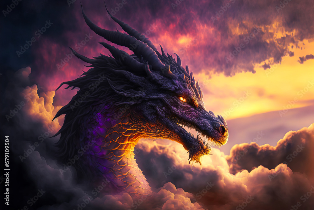 Beautiful dragon seen in profile standing out on a warm tone sky background. A perfect backdrop for heroic fantasy projects, full of imagination and inspiration. Generative AI