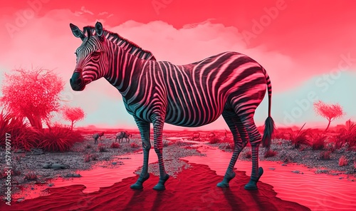  a painting of a zebra standing in a red desert area with a pink sky in the background and a red sky in the foreground.  generative ai