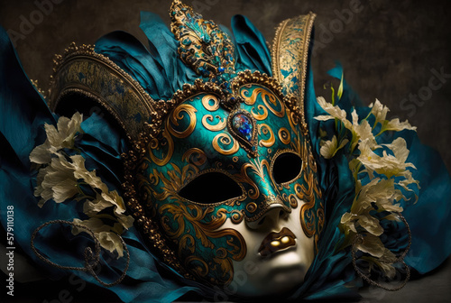 A beautiful rich decorated blue and golden Venetian Carnival mask. Created with Generative AI.