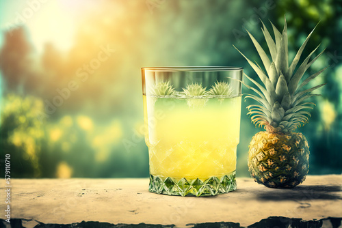A refreshing glass of pineapple juice next to a whole pineapple, set against a backdrop of an exotic garden. Perfect for banners featuring this tropical fruit. Generative AI photo