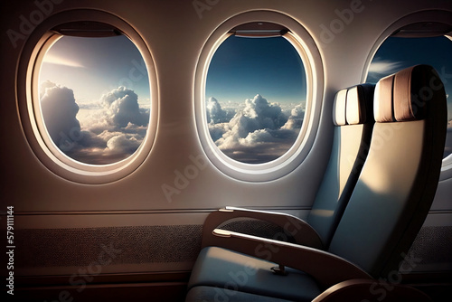Obraz na płótnie Explore the skies in comfort: empty airline plane seats with clouds outside the