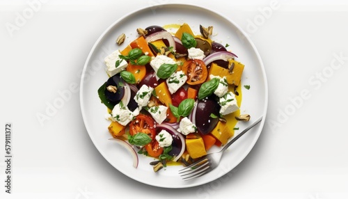 A colorful salad with roasted vegetables and goat cheese on White Background with copy space for your text created with generative AI technology