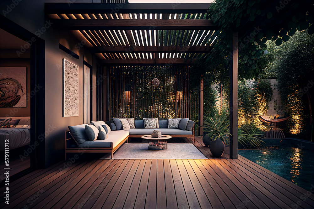 The interior design of a lavish side outside garden at the morning ...