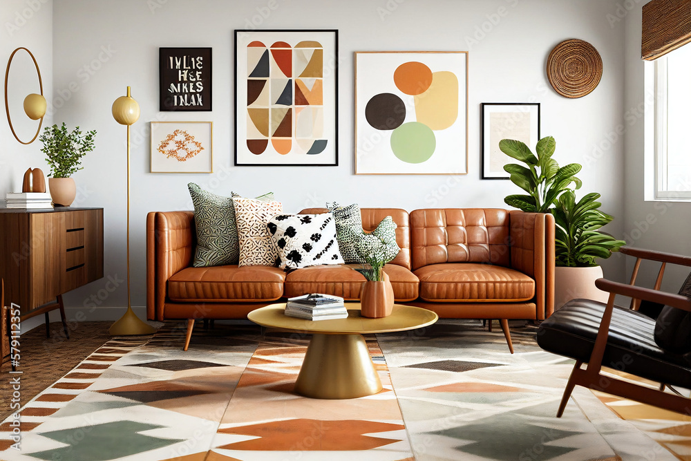 Mid-Century Modern Living Room with Tan Leather Sofa, Geometric Rug