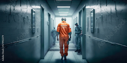 A prison guard arresting an inmate as they walk through a jail corridor - Generative AI
