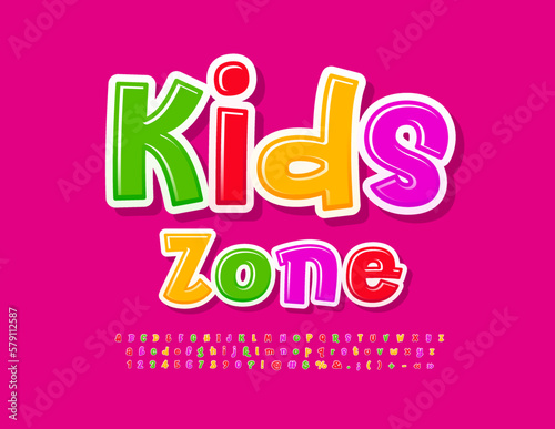 Vector playful Emblem Kids Zone. Funny colorful Font. Bright creative Alphabet Letters, Numbers and Symbols