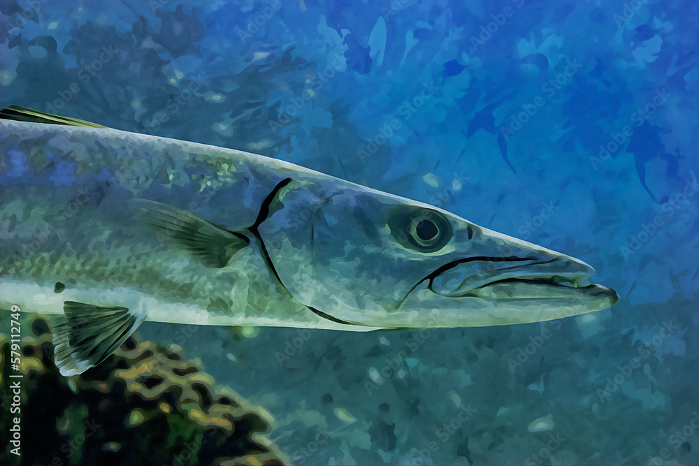 Fototapeta premium Digitally created watercolor painting of a large Great Barracuda hunting over the coral reef in the Cayman Islands