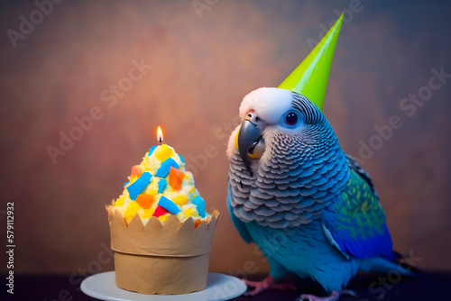 Parrot bird with a cone eats cake on its head, holiday. Pet birthday concept. Generative AI photo