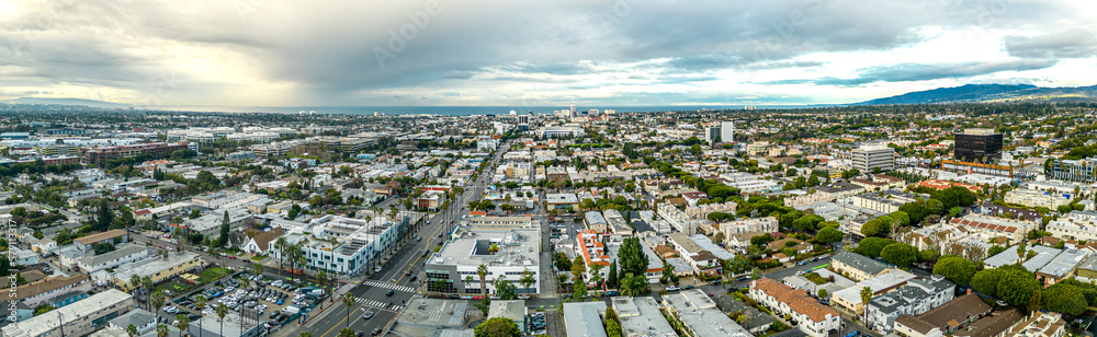 Santa Monica downtown view to Los Angeles California. Aerial Panorama of the urban city