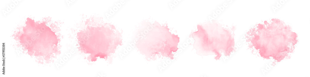 Abstract pink watercolor water splash set on a white background. Vector watercolour texture in rose color. Ink paint brush stain. Pink soft light blot. Watercolor pastel splash