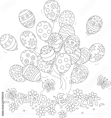 Easter card with flying holiday balloons decorated with traditional ornaments, spring flowers and merrily fluttering butterflies, black and white outline vector cartoon illustration