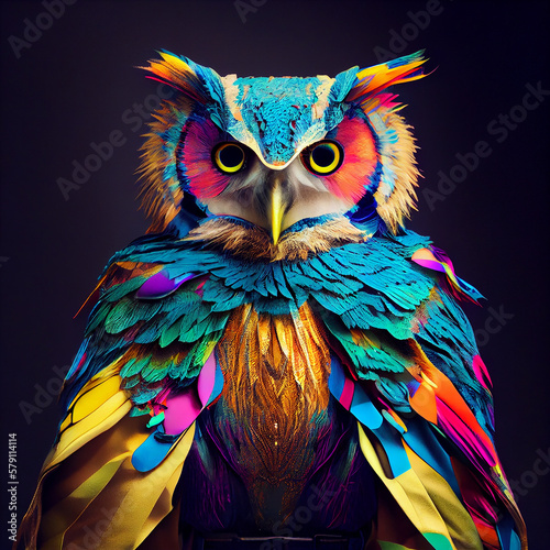 Fotomurale Realistic lifelike owl bird in fluorescent electric highlighters ultra-bright neon outfits, commercial, editorial advertisement, surreal surrealism