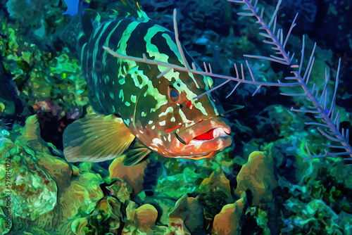 Digitally created watercolor painting of Nassau Grouper Epinephelus striatus swimming underwater photo