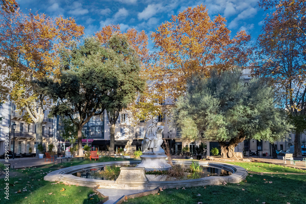 Obraz premium Nimes city, in France, a pretty wooded square in the historic centre, typical buildings