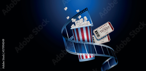 proiezione film, cinema, pellicola, spettacolo, film con pop corn su sfondo blu