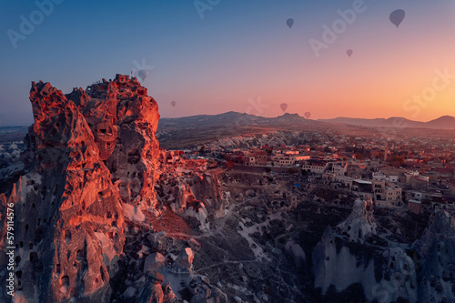 Goreme national park, Ancient Uchisar castle with colorful sunset, Cappadocia Turkey