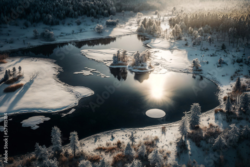 A_great_frozen_winter_landscape_seen_from_above. Generative ai.
