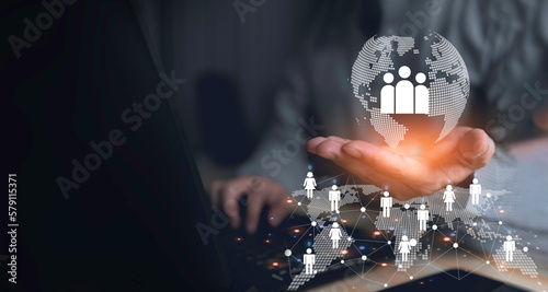 Fototapeta Naklejka Na Ścianę i Meble -  Customer Relationship Management, Businessman use tablet with global structure customer network technology, Data exchanges development. customer service, social media. digital marketing online.