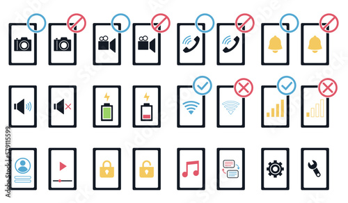 携帯電話のインフォメーション, アイコンのセット, 禁止や許可の標識, スマホのピクトグラム.インフォグラフィックのデザイン素材.