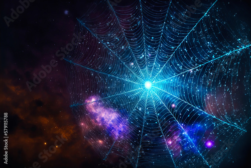 A spider web on a starry sky, illuminated by the stars of the cosmos. Incredible colors for a mystical and fascinating image. Astronomy. Generative AI