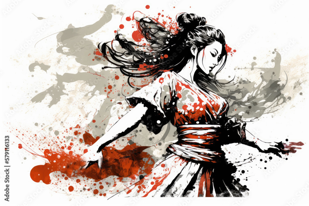 Obraz premium Beautiful woman in ink painting dancing splendidly, Generative AI