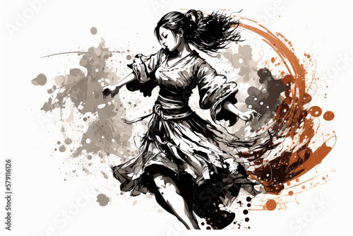 Beautiful woman in ink painting dancing splendidly  Generative AI