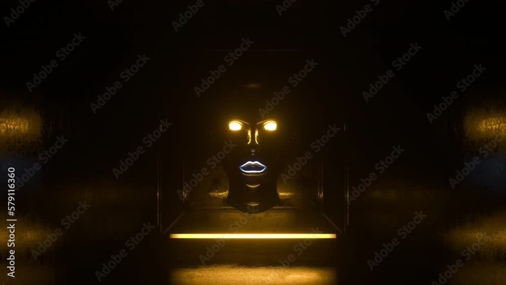 Human face head with glowing eyes, shining and glowing in yellow and blue neon colors. Face of a man or woman in an abstract lighting VJ Loop, seamless animation
