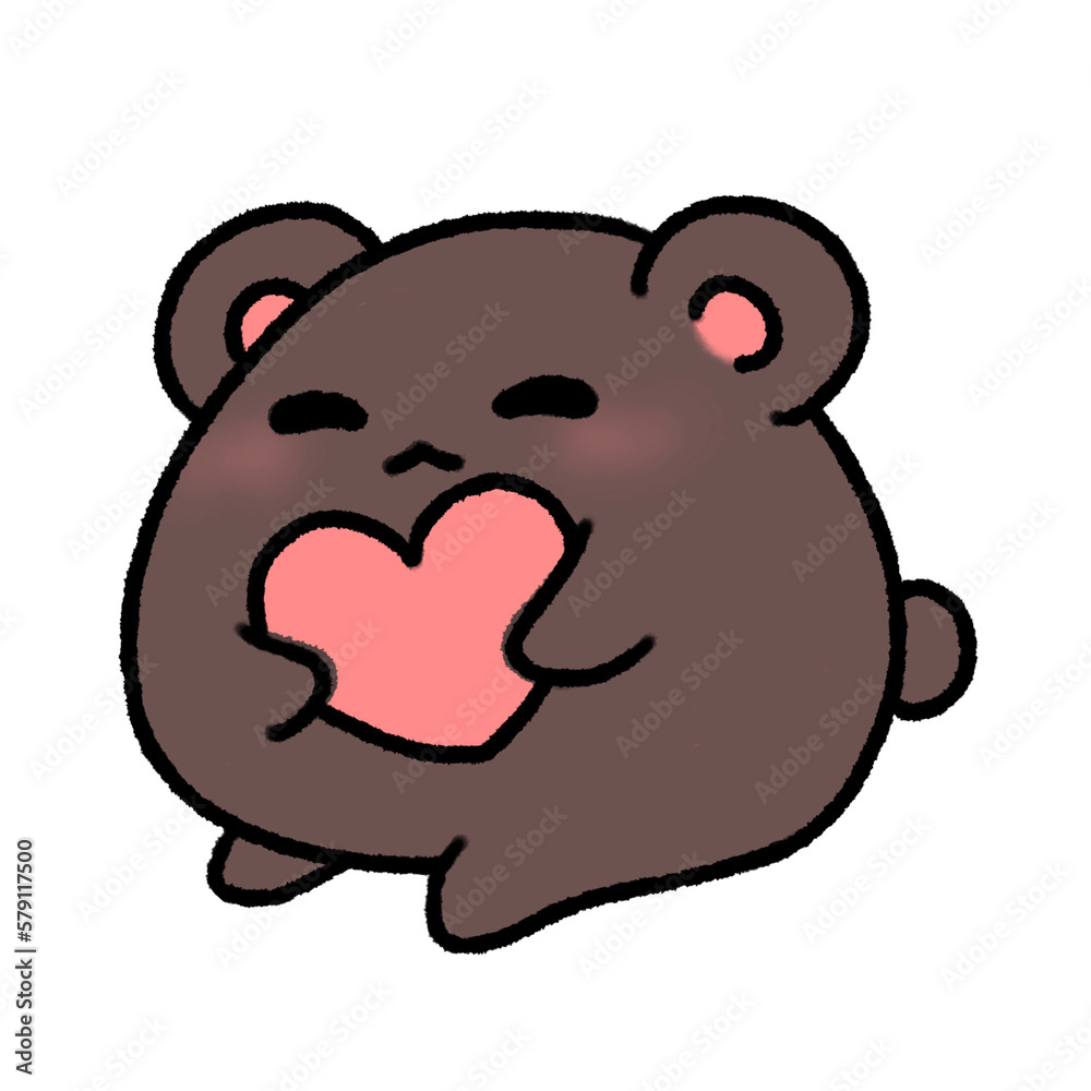 Naklejka premium Hand-drawn Cute Dark Brown Bear hug pink Heart in doodle style
