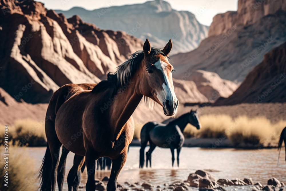 Obraz premium Wild horses in a vast prairie land. Generative ai.