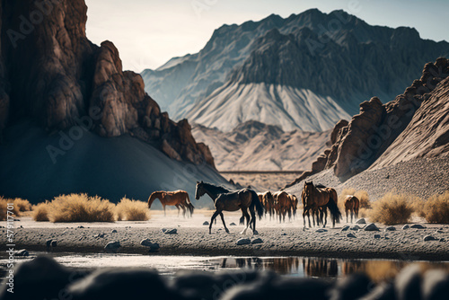 Wild horses in a vast prairie land. Generative ai.