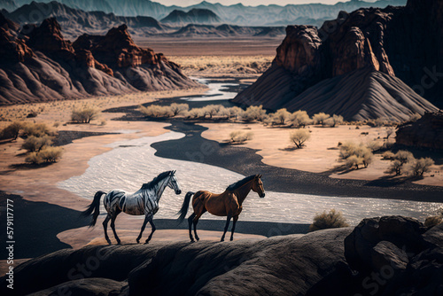 Wild horses in a vast prairie land. Generative ai.