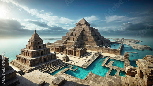 aerial view of an ancient atlantis city with huge step pyramid temple and stone buildings at sea with blue sky and some clouds