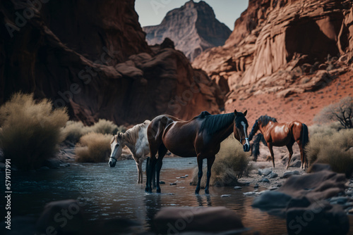 Wild horses in a vast prairie land. Generative ai.